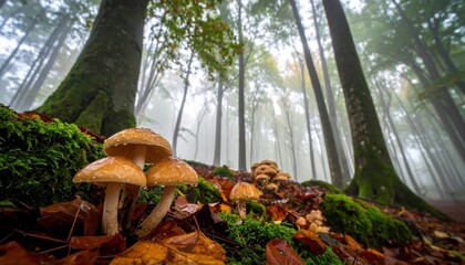 A serene forest scene featuring mushrooms amid misty trees, with moss and fallen leaves creating a tranquil atmosphere.