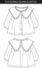 Fashion Flat Sketch of a Ruffled Peter Pan Collar Blouse for girl.