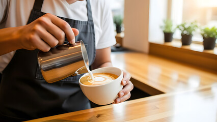 A barista creating a heart-shaped latte art in a minimalist Scandinavian café, soft aesthetic lighting