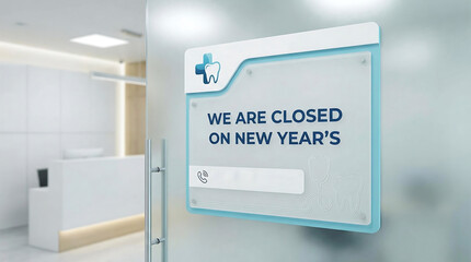 Dental office closed sign on glass door New Years holiday, dental office, closed sign, new years, holiday, announcement, door, glass, frosted glass, reception, waiting room, medical, healthcare, clini