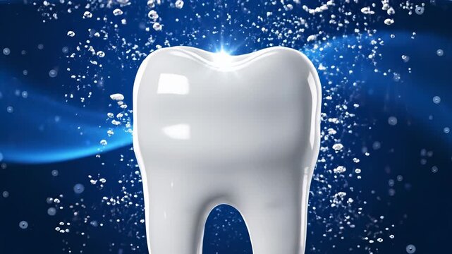 Tooth with water bubbles and ice on blue background, showcasing the importance of oral hygiene and regular care for a healthy smile, ideal for advertising dental products or services that.