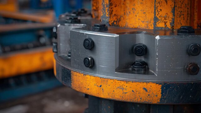 140Detailed mechanical composition with a focus on circular metal wheel, surrounded by orange brackets, black bolts, and textured steel framework
