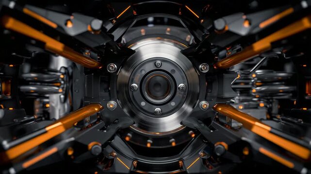 143Artistic macro view of a metal wheel assembly in motion, flanked by orange control arms and black structural joints, symbolizing mechanical innovation