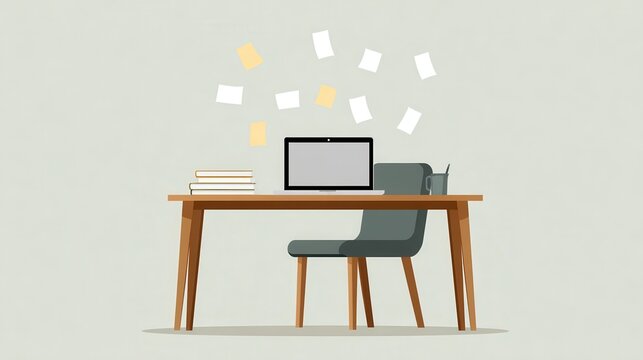 Flat vector illustration of a minimalist workspace featuring a desk, laptop, and scattered notes. Ideal for office design concepts.