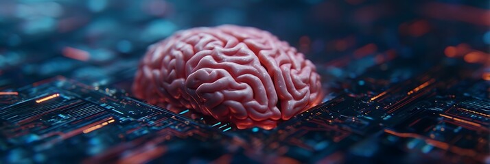 A surreal depiction of a brain resting on a circuit board, blending biological and technological elements in a captivating visual.