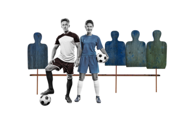 Full length studio shot of a young femail and mail soccer player isolated on free png background. Soccer training camp concept.
