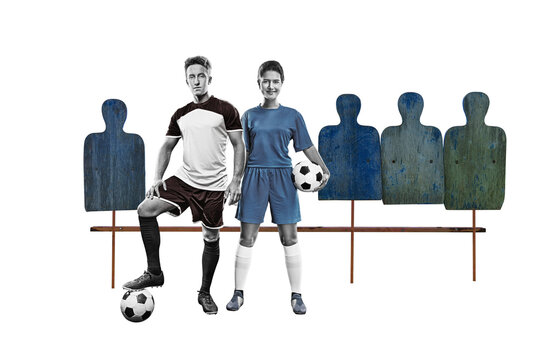 Full length studio shot of a young femail and mail soccer player isolated on free png background. Soccer training camp concept.