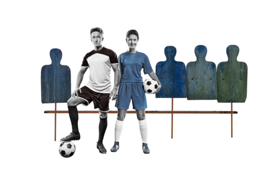 Full length studio shot of a young femail and mail soccer player isolated on free png background. Soccer training camp concept.