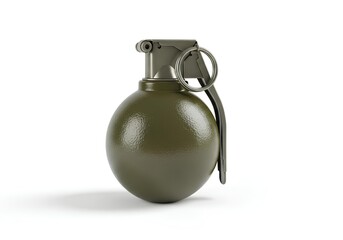 Fototapeta premium An olive green hand grenade with a matte finish, featuring a spherical body and a metal safety lever.