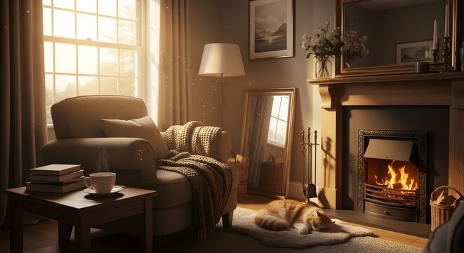 Illustration of cozy living room interior with a warm fireplace, comfortable armchair, and a sleeping cat bathed in golden sunlight