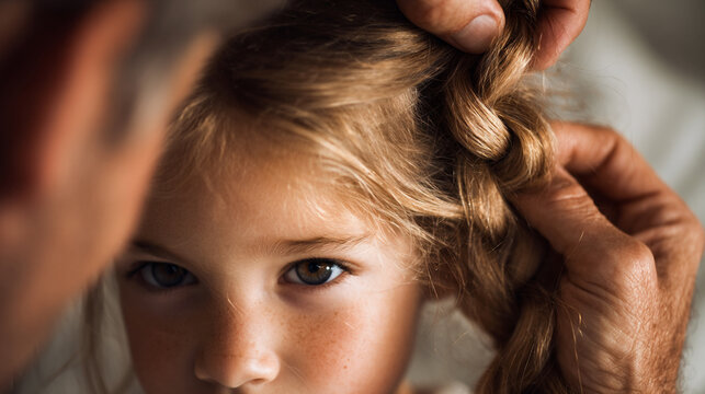 Father Braiding Daughter&rsquo;s Hair in Soft Editorial Beauty Light