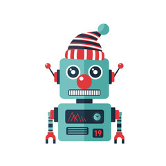 Naklejka premium Festive android automaton celebrates holidays, vector illustration of a whimsical robot decorated