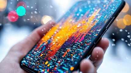 A close-up shot of a hand holding a smartphone. The screen displays a vibrant, abstract visualization of data with colorful streaks and dots. The background fea