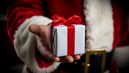 Santa claus offering a wrapped christmas gift with red ribbon and bow