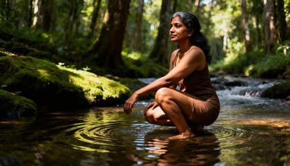 Fototapeta premium Woman squatting in flowing water in forest light, tranquil spiritual mood, photorealistic style