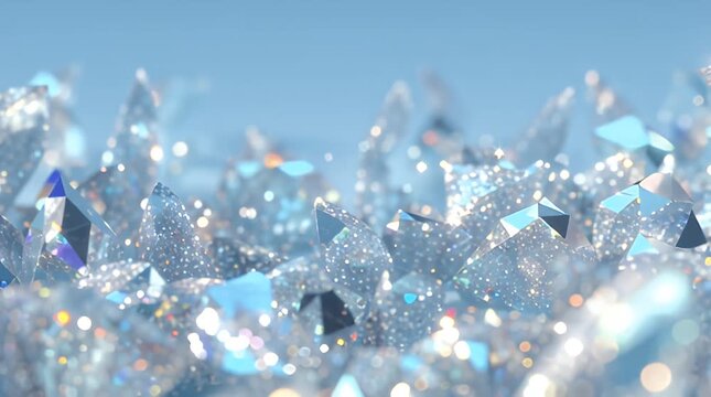 A detailed close-up shows a cluster of multifaceted crystalline structures. Soft focus creates bokeh, and shimmering light glints from each facet