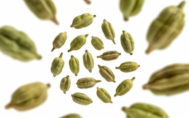 Levitating Green Cardamom Pods Isolated on White Background