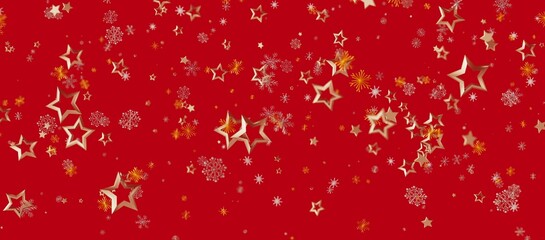 Christmas background with golden stars, snowflakes and bokeh over a red background, ideal for festive greetings and holiday © vegefox.com