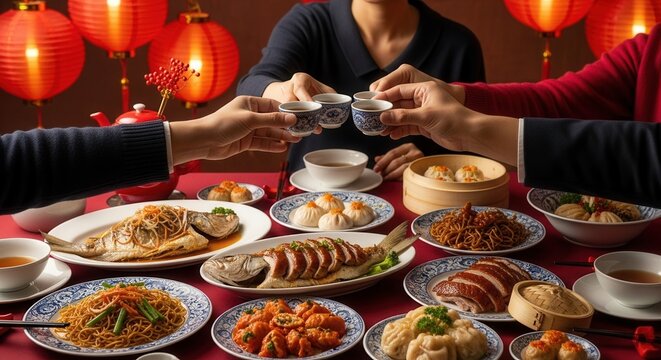 A vibrant gathering featuring a variety of Asian dishes and drinks, set against a backdrop of red lanterns, creating a festive atmosphere.