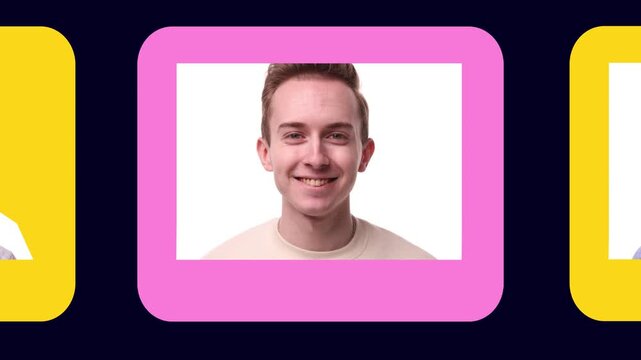 Loop animation. People presented in clean portrait shots inside bold geometric frames. Concept of HR introductions, employee profile videos, onboarding sequences, modern team-presentation materials.