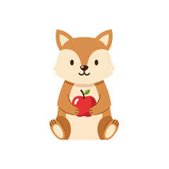 Fototapeta premium Charming cartoon fox illustration gracefully clutching a bright red apple image full of joy