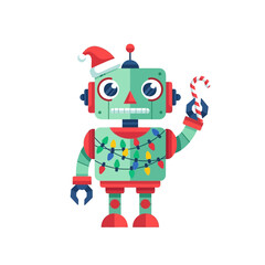 Festive robot adorned with christmas lights and a santa hat spreading christmas cheer