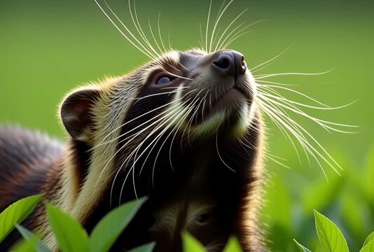A tanuki with long whiskers peers out from lush green foliage in a close up shot outdoors