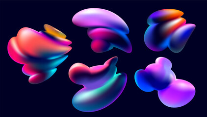 Set of iridescent fluid shapes and bubbles. Collection of colorful vector design elements.