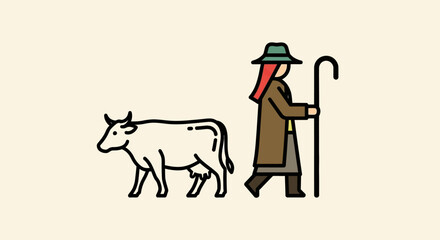 Stylized cartoon of a person with a hat, holding a crook, walking next to a cow