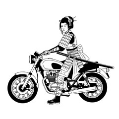 japanese woman in kimono, geisha black and white, vector art, flat design