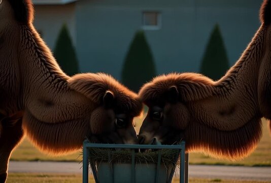 Two camels eating hay from a feeder with a building and trees in the background at golden hour