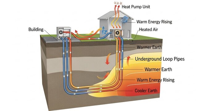 Diagram showing a geothermal heating system connected to a building and a house