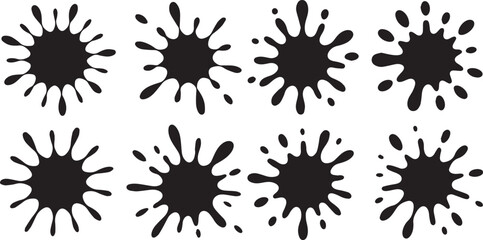 Eight black ink splatters arranged in two rows on a plain white background