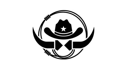 Iconic cowboy hat, lasso, and bull horns design in black and white