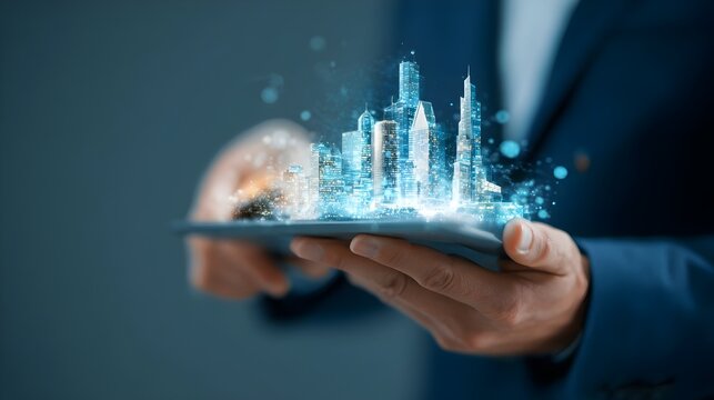 Businessman in blue suit holding tablet projecting holographic buildings. Concept: smart business technology, digital transformation, urban innovation, corporate growth, futuristic data visualization, - Powered by Adobe