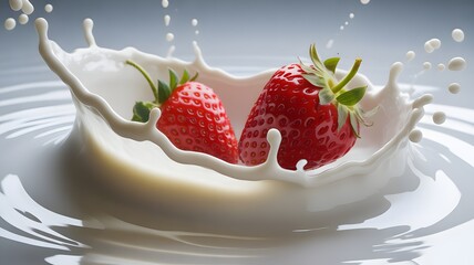 Fresh strawberries splashing into creamy milk in a dynamic splash