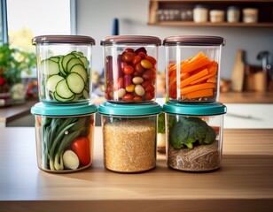 meal prep process showcasing colorful vegetable and grain containers organized on a kitchen counter during afternoon hours
