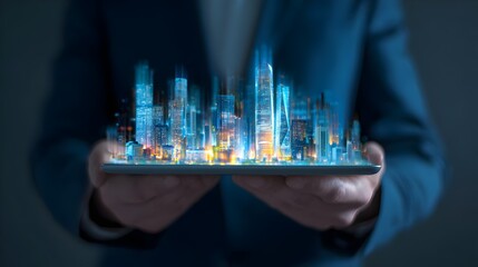 Businessman in blue suit holding tablet projecting holographic buildings. Concept: smart business technology, digital transformation, urban innovation, corporate growth, futuristic data visualization,