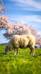 Obraz premium Sheep Grazing Under Cherry Blossoms - A Serene Spring Scene.