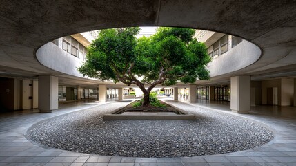 A mature tree centered in a modern building atrium with pebble ground cover