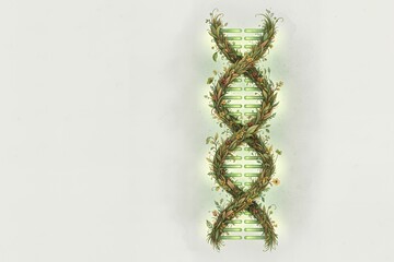 Obraz premium Abstract DNA double helix made of green plants on light background bioplastic chemical structure