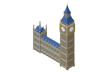 Isometric illustration of Big Ben and the Palace of Westminster, featuring detailed gothic architecture and classic London landmark elements.