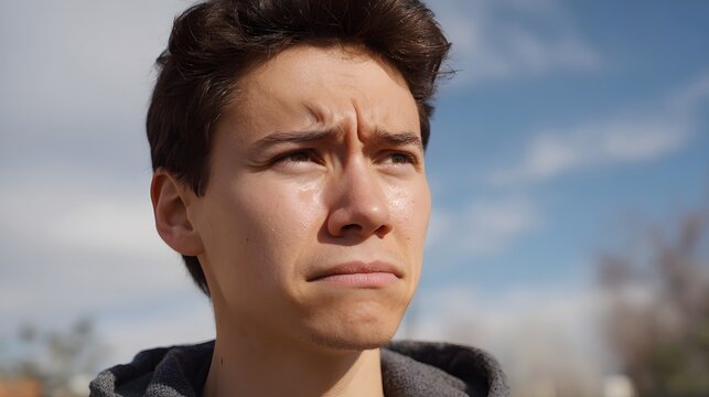 Close up portrait of a young man with a deeply furrowed brow and an intense gaze looking upwards outdoors in soft daylight