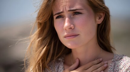 A distressed woman with a worried expression clutches her chest outdoors on a windy day