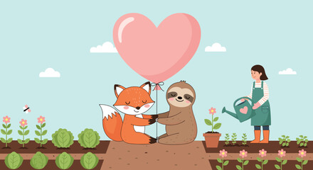 Fototapeta premium An adorable fox and a sloth lovingly hold a big heart balloon in a cheerful garden while a person waters new plants, symbolizing care and friendship.