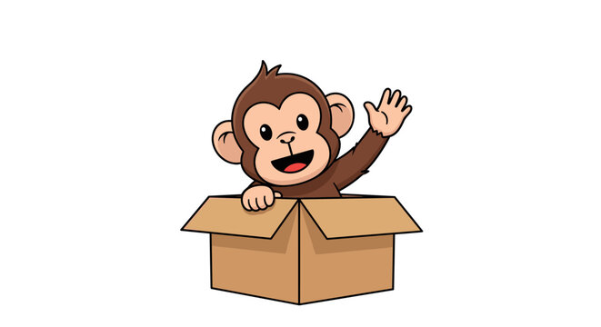 A cheerful, cute cartoon baby monkey emerges from a cardboard box, happily waving with one hand, ready for adventure or to greet someone.