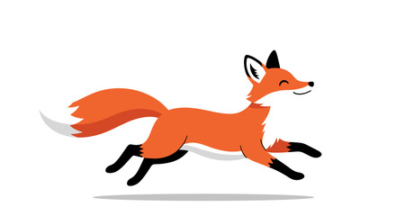 Fototapeta premium A vibrant orange cartoon fox with a happy expression is playfully running and jumping, depicted in a flat design style against a clean white backdrop.