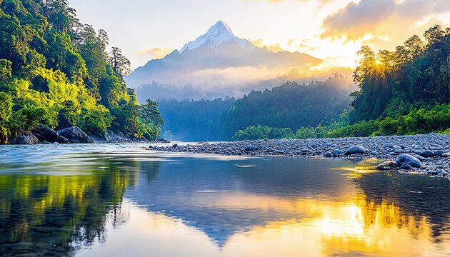 A breathtaking landscape featuring a snow-capped mountain peak, lush green forests, and a calm river reflecting the golden sunrise light. - Powered by Adobe