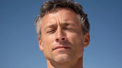 A mature man with grey hair closes his eyes his brow furrowed against a bright blue sky conveying a sense of deep thought or peaceful reflection