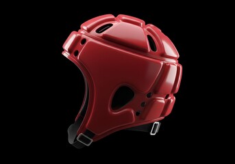 Red sports helmet with a glossy finish on a black background.